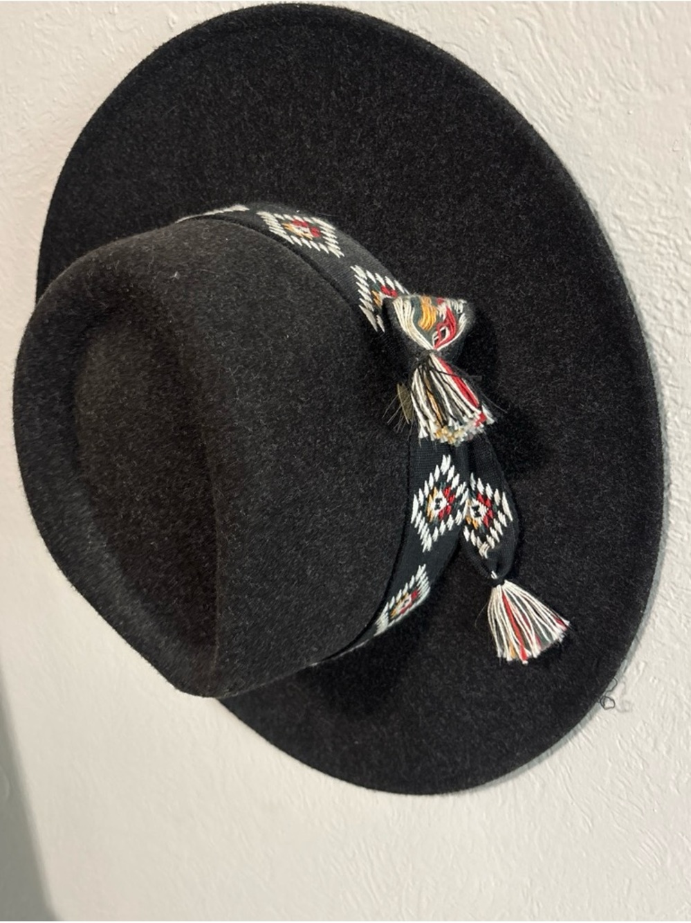 Black Wool Felt Boater Hat with Decorative Woven Band